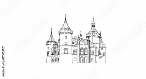 Ornate castle illustration with multiple turrets and pointed roofs