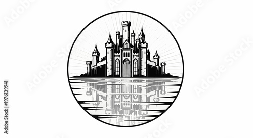 Ornate castle silhouette reflected in water with radiating lines