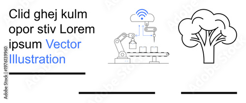 Automation, smart industry, environmental technology, cloud computing, robotics, innovation. Robotic arm placing items on a conveyor near a cloud icon. Automation and smart industry concepts