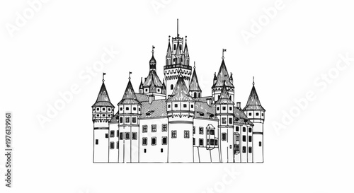 Ornate castle with multiple towers, turrets, and flags, rendered in a detailed line art style