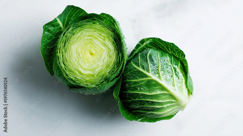 Fototapeta premium Freshly cut green cabbage head with water droplets on vibrant leaves revealing crisp core