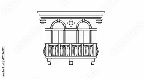 Ornate classical balcony design with arched windows and detailed railing