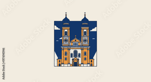 Ornate classical building with twin towers and domed roofs under a blue sky