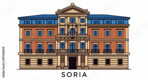 Ornate, multi-story building with a blue roof and red brick facade