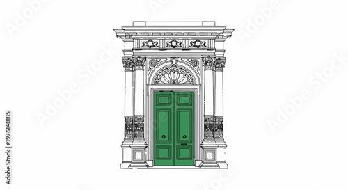 Ornate classical building entrance with green double doors and decorative columns