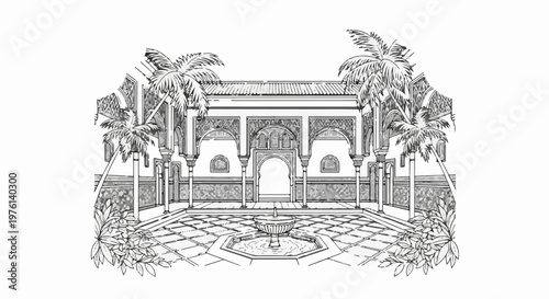 Ornate courtyard with fountain, palm trees, and arched architecture