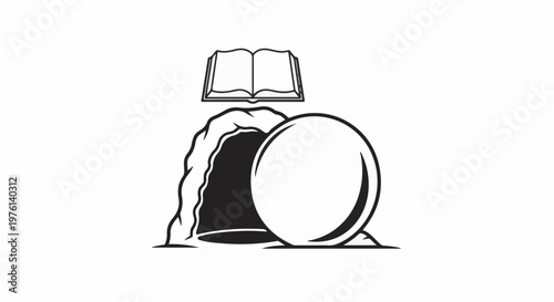 Open tomb with rolling stone and open bible above