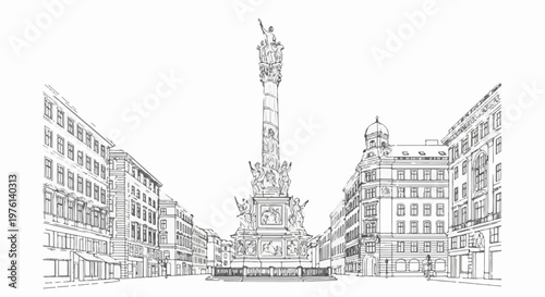 Ornate column monument in an urban square with classic architecture