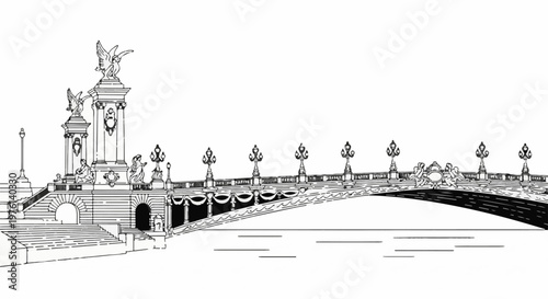Ornate bridge with sculptures, lampposts, and a river