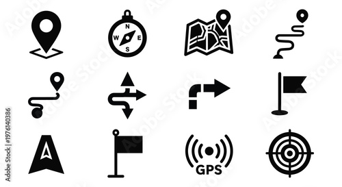 Navigation and Location Vector Icon Set, 12 Black Glyph Icons for GPS, Maps, and Travel Direction, Modern Digital Wayfinding Symbols for Apps and Websites