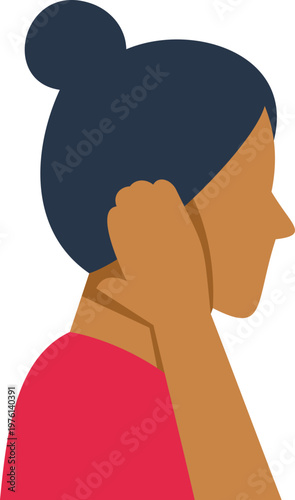 Woman person profile with hand touching behind ear vector icon