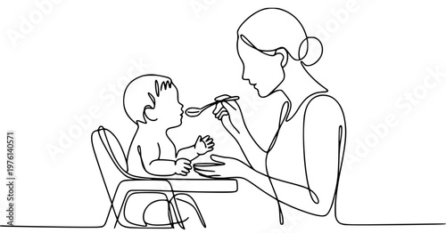 Continuous line drawing of mother feeding baby. Minimalist parent and infant mealtime vector. Family art.
