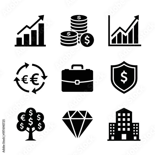 Business and Finance Icons: Growth, Money, Investment, Security, and Success