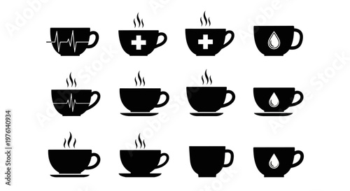 Medical hot beverage icons set featuring coffee cup designs with heartbeat lines plus cross symbols and water drops for clinic pharmacy or wellness health brand