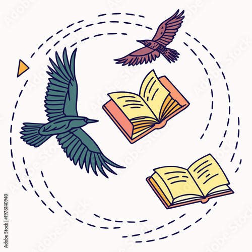 Tableau sur toile Vibrant fantasy illustration of two birds soaring around open books symbolizing imagination, knowledge and creativity, unique concept art for book lovers and avid readers, educational dream