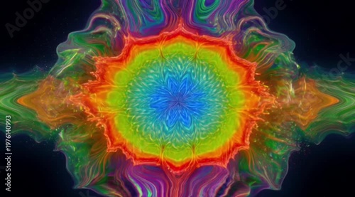Vibrant Rainbow Psychedelic Flower Mandala Bursting Energy Abstract Animation