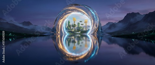 Gateway to Utopia: Surreal Harmony Portal Sculpted from Flowing Water and Bio-Digital Light Reflecting a Sustainable Future City