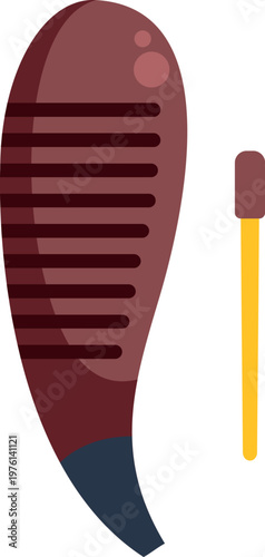 Minimalist illustration of a brown wooden comb and matching hair stick on a white background