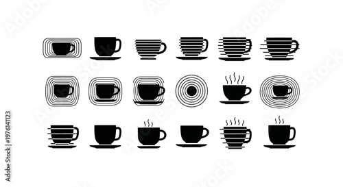 Abstract coffee cup icon collection featuring various geometric line patterns circles and modern minimalist artistic shapes for contemporary graphic design usage