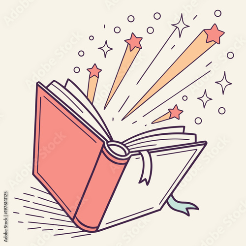 An open book with stars shooting out of pages and a ribbon bookmark represents imagination, education, and magical storytelling.