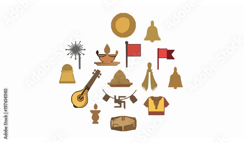 Cultural festival icons with ritual symbols and celebration elements flat line vector design isolated on white