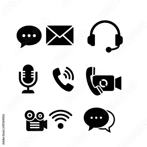 Communication Icons Set: Speech Bubble, Email, Headset, Microphone, Phone, Video Call, Camera, Wifi