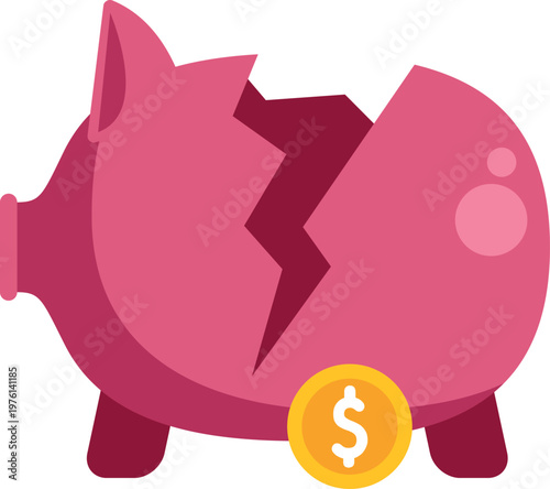 Pink broken piggy bank with a gold coin symbolizing financial loss and money crisis