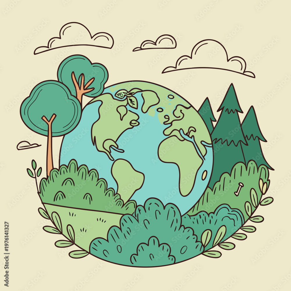 Fototapeta premium Earth globe nestled in green bushes and trees under cloudy sky representing biodiversity and ecosystem protection for sustainable living and future.