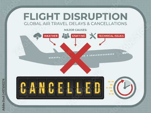 Infographic illustrating flight disruptions due to weather, staffing, and technical issues, with a canceled flight announcement.