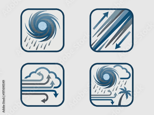 Four weather icons depicting different storm conditions including a hurricane, heavy rain, strong winds, and a tropical storm with rain and wind.