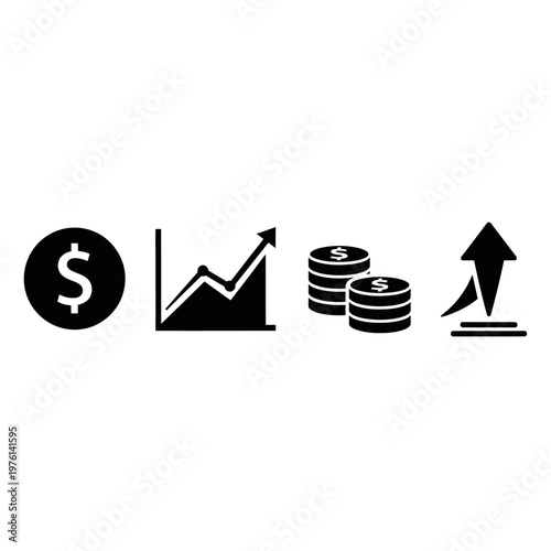 Financial Growth Icons: Dollar, Graph, Coins, Upward Arrow