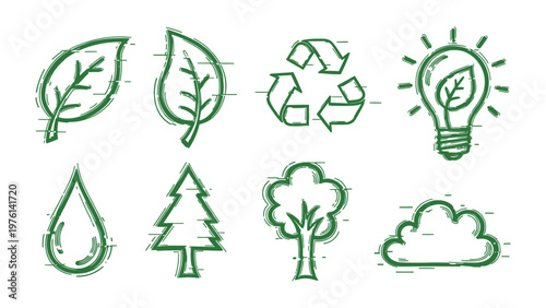 Eco-friendly Icon Collection: A captivating collection of minimalist icons embodies sustainability and environmental consciousness, featuring leaves, a recycling symbol, a lightbulb with a leaf.