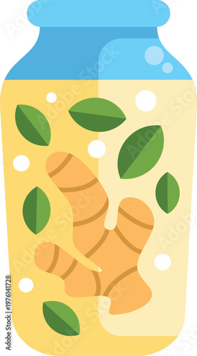 Colorful flat design illustration of a ginger detox drink with fresh green leaves