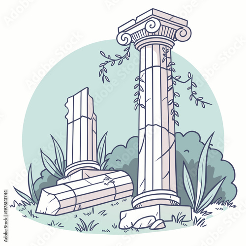 Broken ionic column illustration with climbing vines and leafy bushes in a soft color palette for ancient history and nature themed graphic projects.