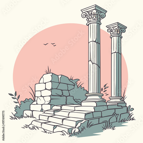 Pair of majestic ionic columns standing on stone steps beside broken wall with birds flying in pink sky over green bushes.