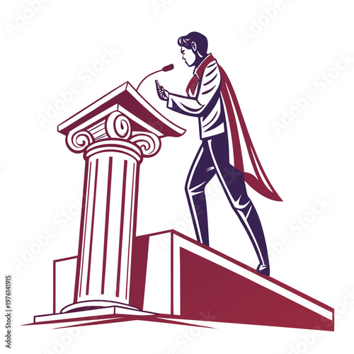 Man speaker with cape on classic column podium holding phone, delivering message with dramatic flair.