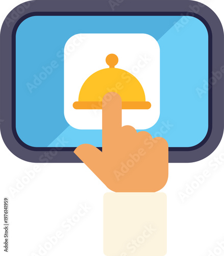 Hand pressing a digital service bell icon on a touchscreen representing online assistance