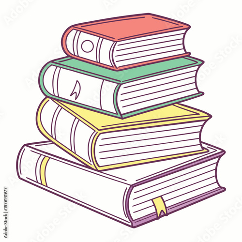 Green red and yellow books piled together with bookmarks vector illustration for back to school banners library theme graphics for literacy projects.