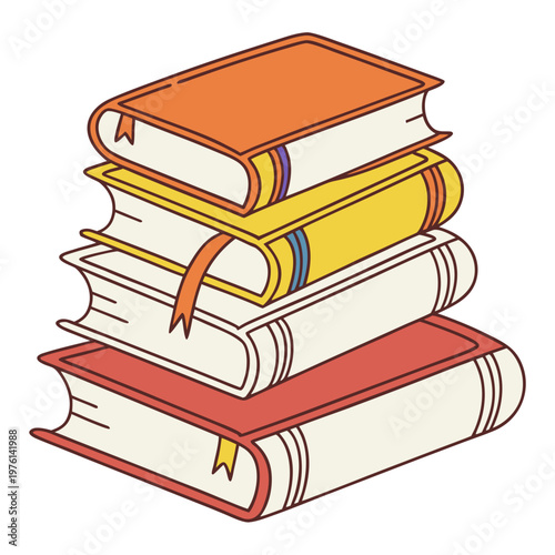 Orange and yellow books stacked on white background with bookmarks vector illustration for educational design elements library icons for web design.