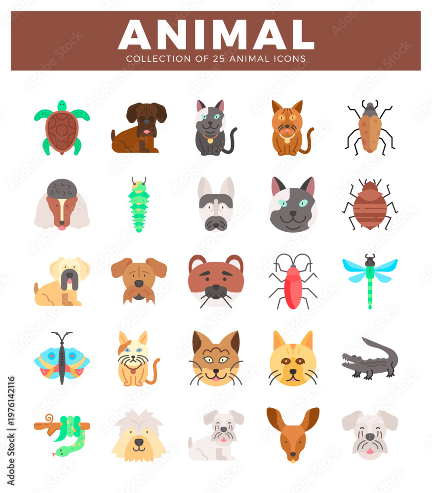 Fototapeta premium animal icons featuring dogs. cats. insects. and reptiles