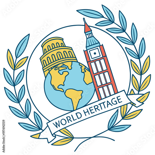Illustration showing world heritage landmarks colosseum and big ben tower with earth globe surrounded by laurel wreath for global tourism concept.