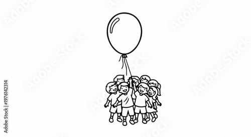 Cartoon children hold onto a balloon, looking up with joy
