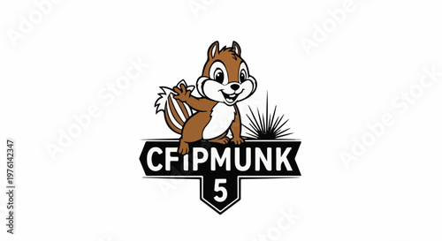 Cartoon chipmunk sits on a sign with text, stars, and a number