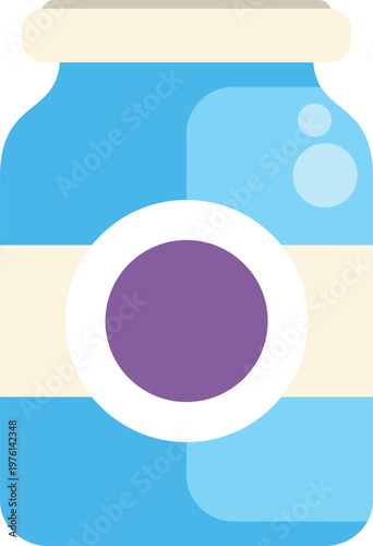 Simple flat style blue jar with white label and purple circle, isolated on white background