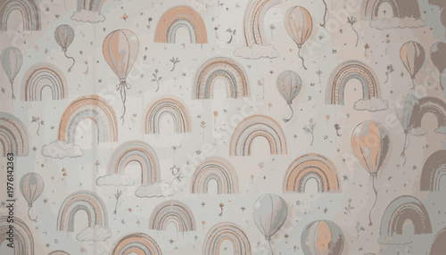 Whimsical Rainbow and Cloud Pattern Wallpaper Design for Children's Rooms with Hot Air Balloons