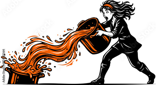 Bold Black & Orange Woman Pouring Coffee Silhouette with Dramatic Sharp Detail