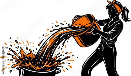 Bold Black & Orange Woman Pouring Coffee Silhouette with Dramatic Sharp Detail