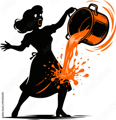 Bold Black & Orange Woman Pouring Coffee Silhouette with Dramatic Sharp Detail