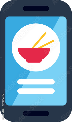 Modern flat design showing smartphone with food delivery app icon for online meal ordering