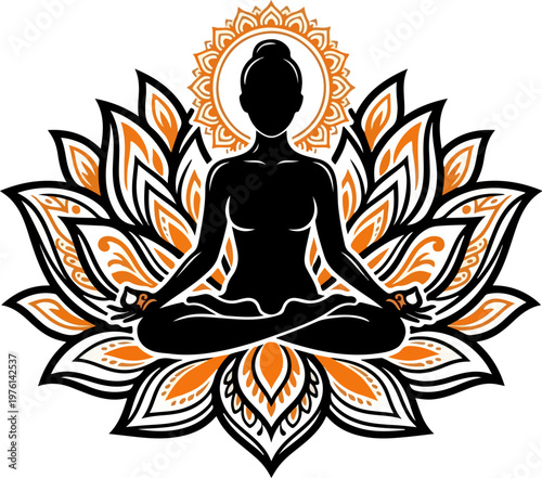 Bold Black & Orange Lotus Yoga Woman Silhouette with Intricate Sharp Details